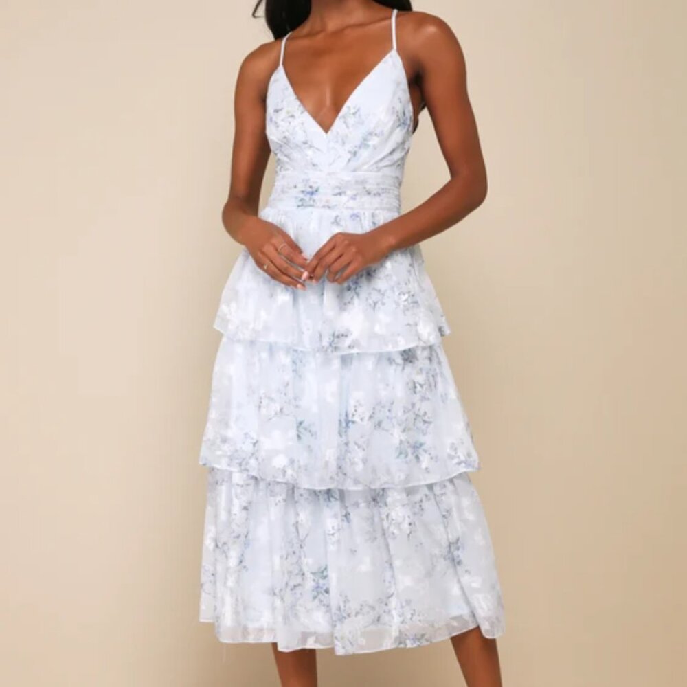 Lulus Deeply Delightful Light Blue Floral Tiered Lace-Up Midi Dress Small NEW
